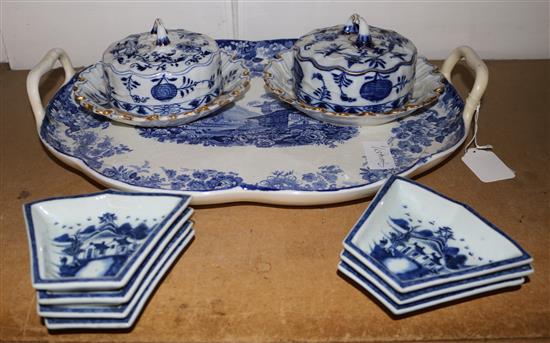 Minton Genevese blue & white ceramic tray, 2 lidded dishes and an hors doevres dish
